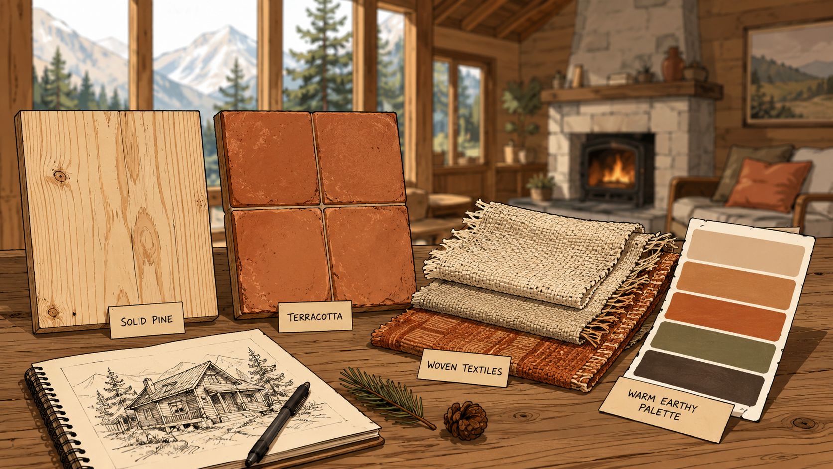 A designer's rustic interior mood board featuring wood, terracotta tiles, woven textiles, and a warm color palette.