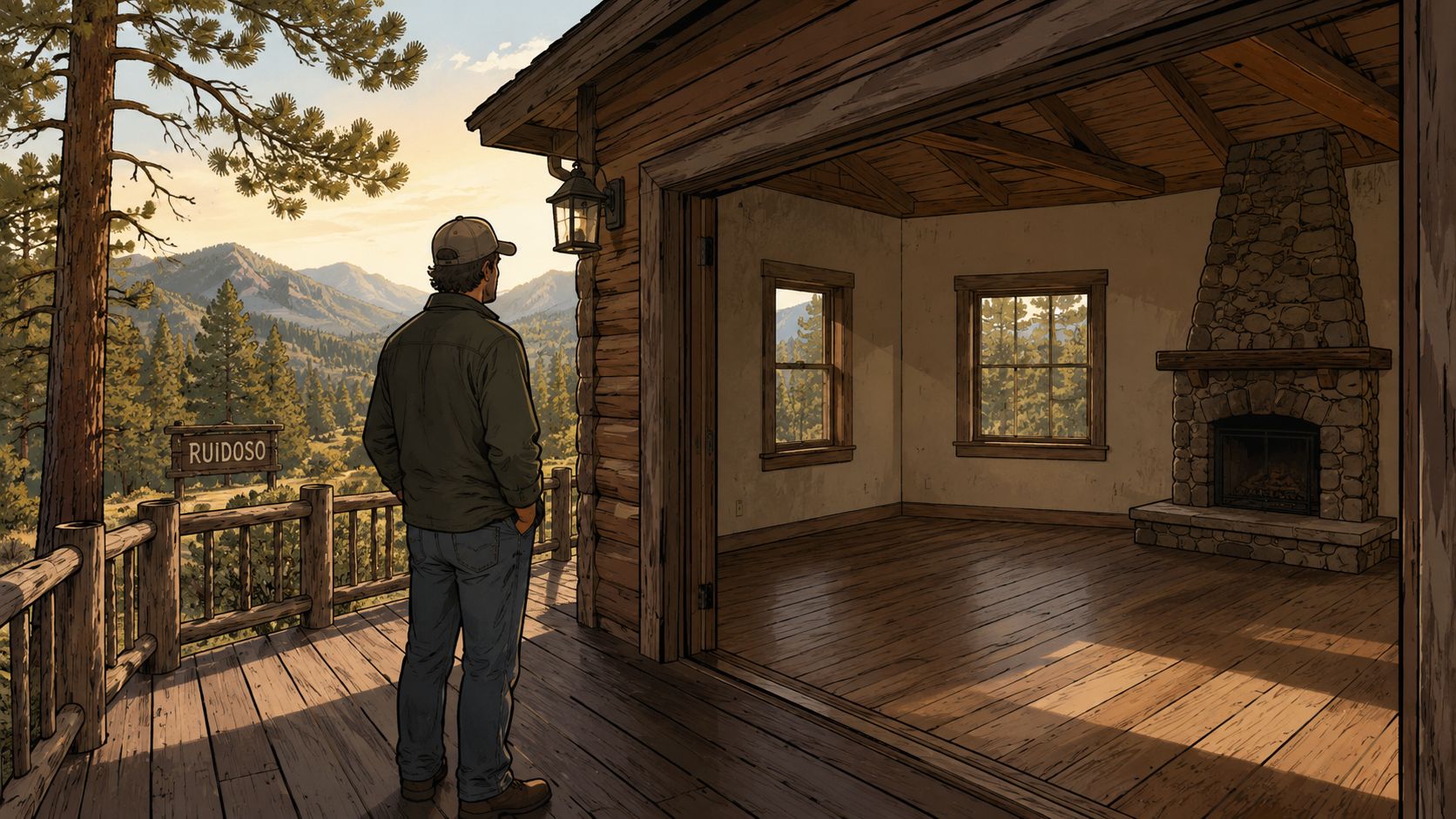 A man in a baseball cap stands on a wooden deck looking at mountains in Ruidoso.