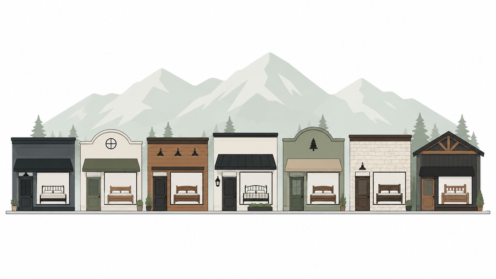 A line of quaint boutique storefronts featuring wooden furniture beds against a scenic mountain and forest backdrop.