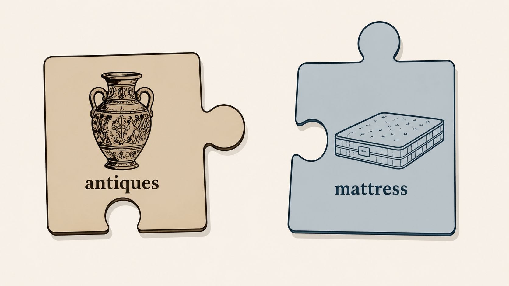 A conceptual illustration featuring two puzzle pieces depicting an antique vase and a mattress side by side.