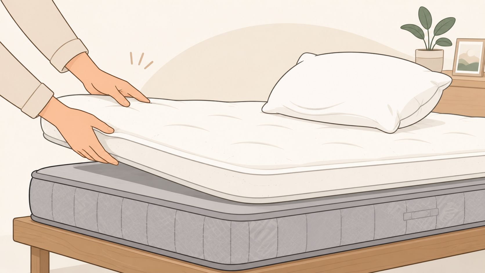 A person placing a soft white mattress topper onto a grey mattress on a bed frame.
