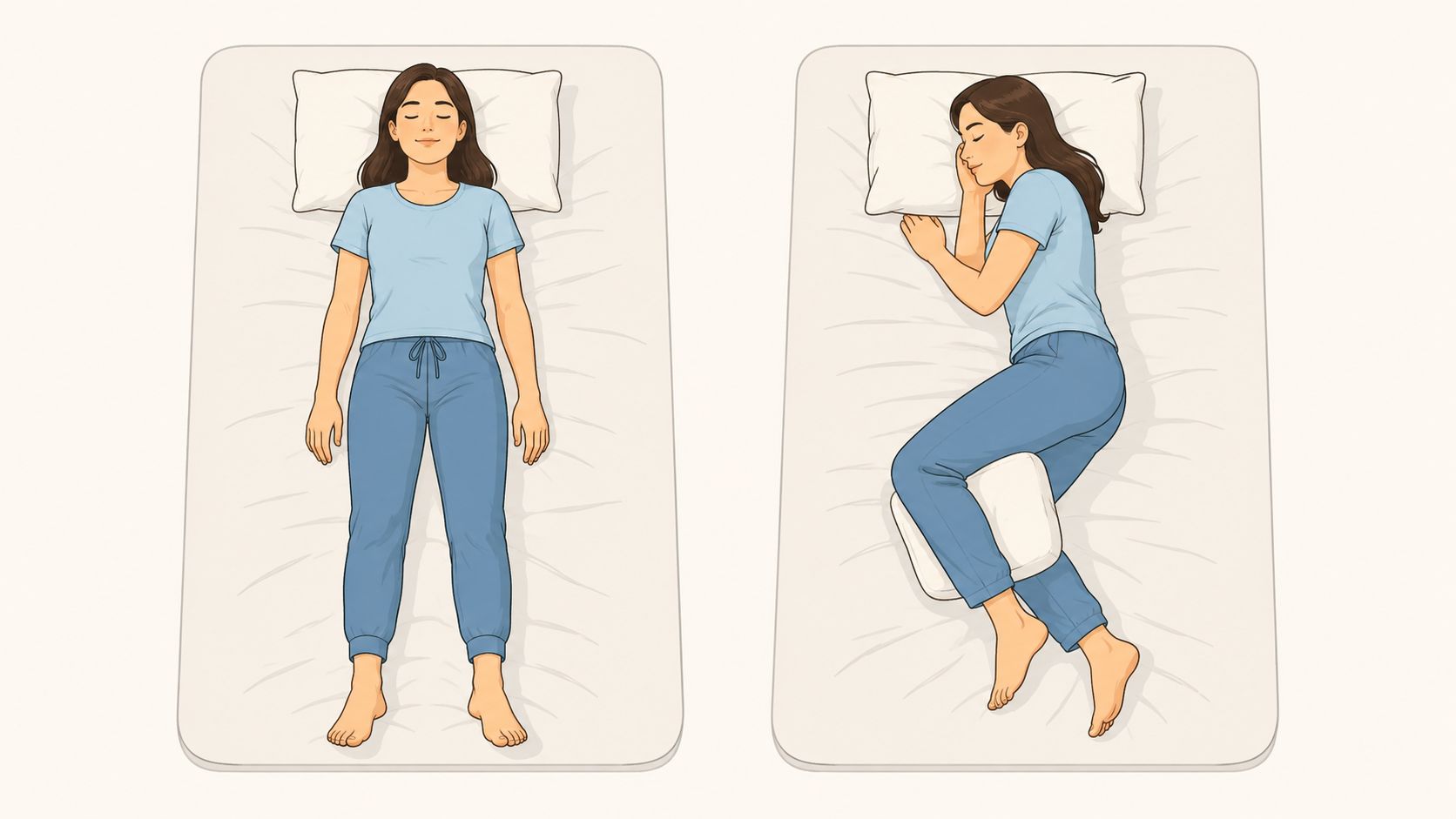 A split illustration showing a woman demonstrating two comfortable sleeping positions to help relieve pressure points.