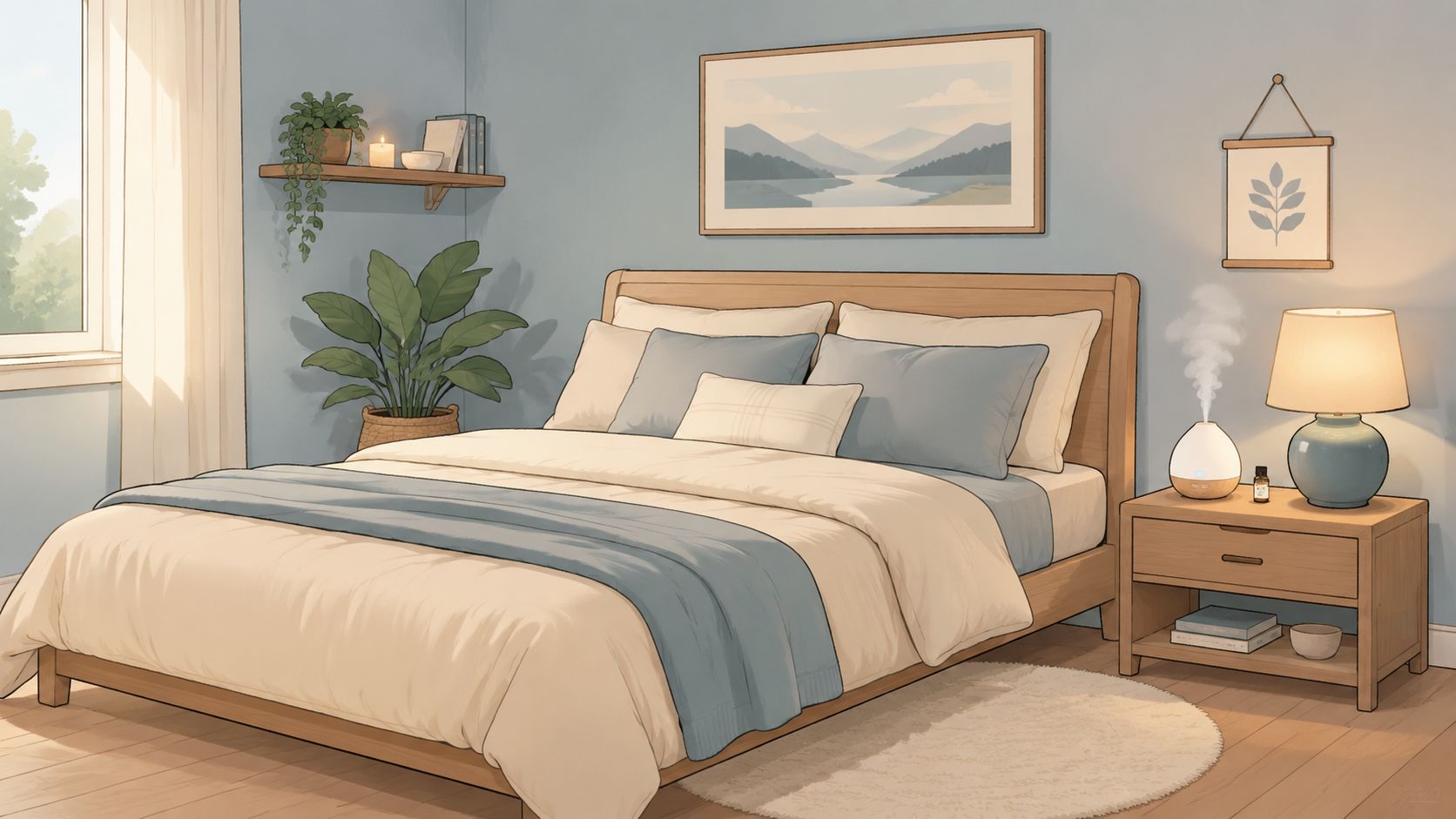 A peaceful, cozy bedroom with a wooden bed frame, light blue walls, and a warm bedside lamp.