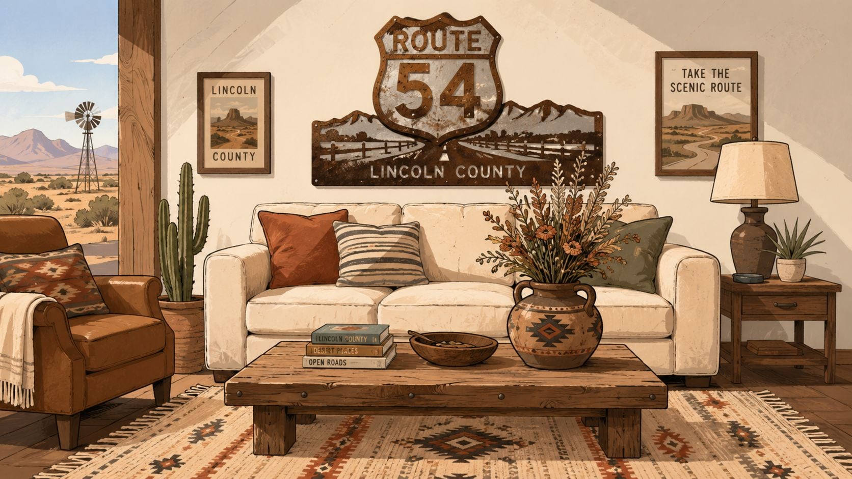 A cozy desert-themed living room featuring a Route 54 metal sign, rustic wooden furniture, and desert artwork.