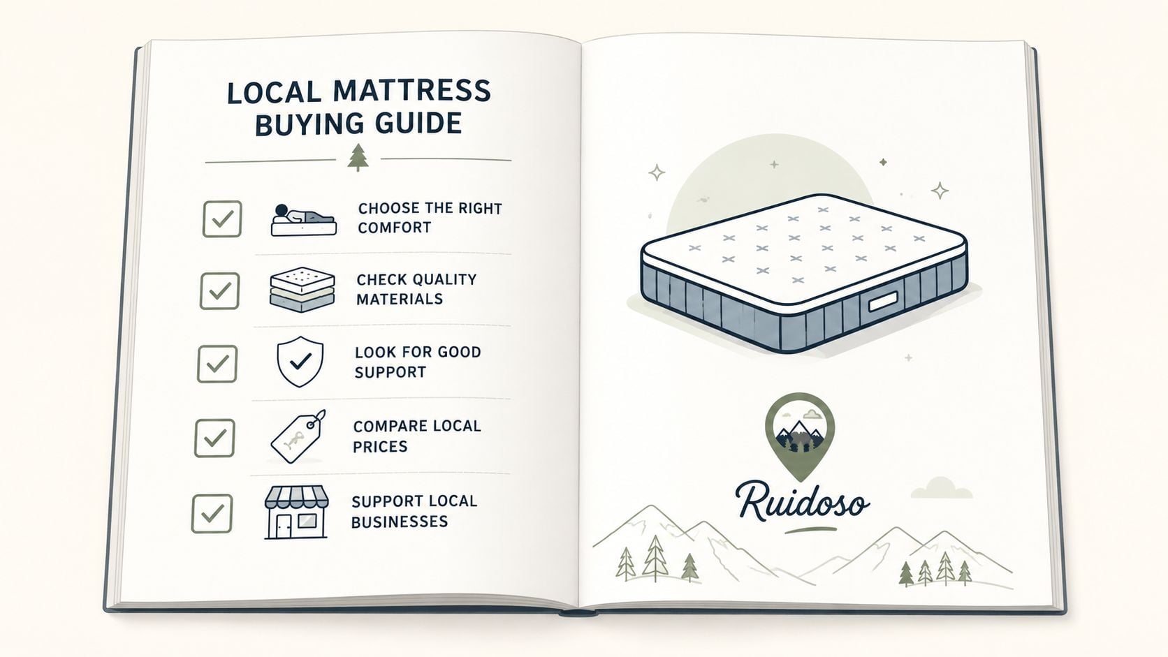 A mattress buying guide in an open book with bullet points about choosing local mattress options in Ruidoso.