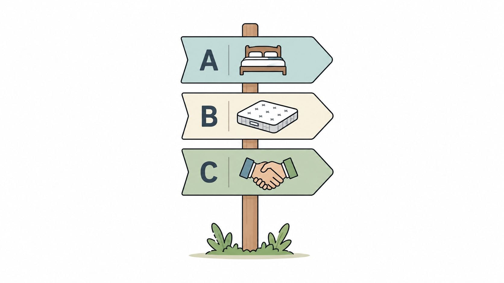 A wooden signpost pointing in three directions labeled A, B, and C with bed, mattress, and handshake icons.