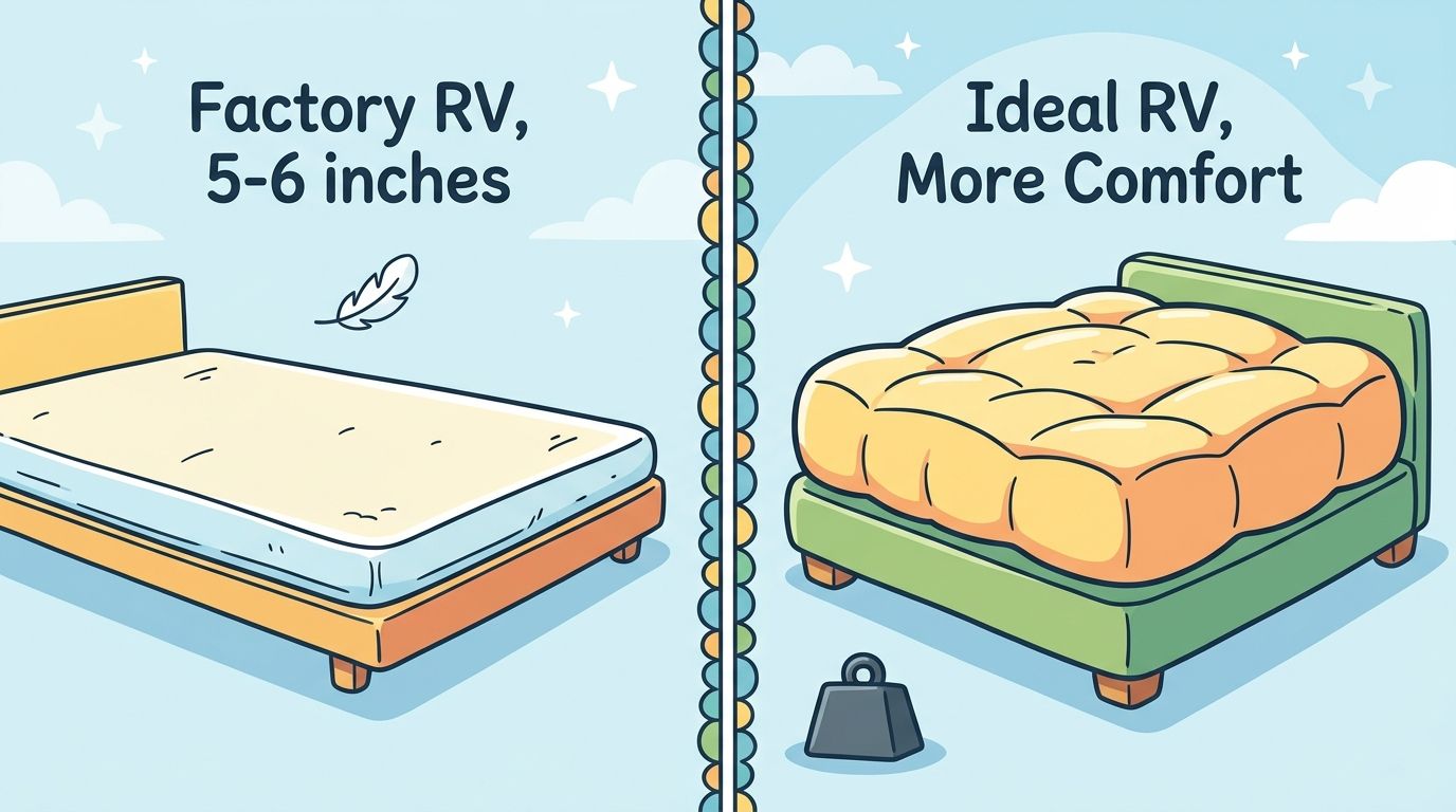 A comparison illustration showing a thin factory RV mattress versus a thick, comfortable mattress for RVs.