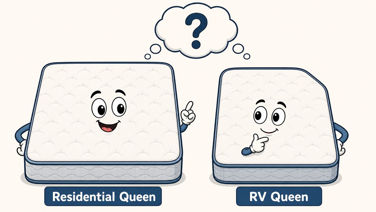 Two anthropomorphic mattresses, a standard residential queen and a shorter RV queen, pondering their size differences.