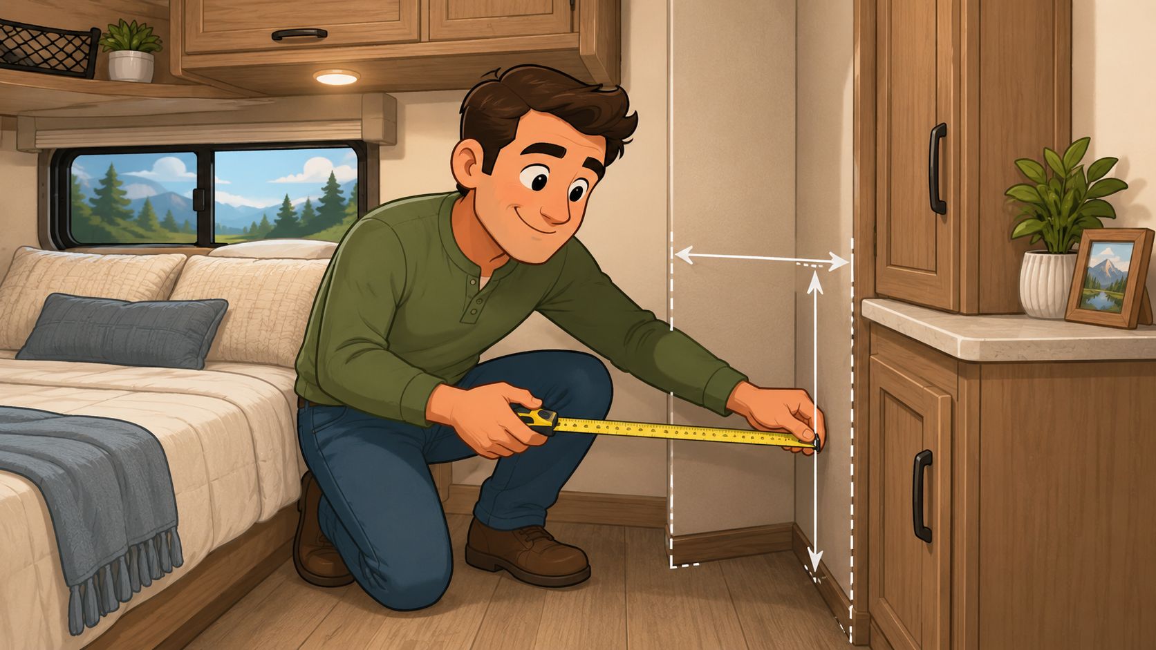 A man kneeling in an RV bedroom using a tape measure to check the wall dimensions.