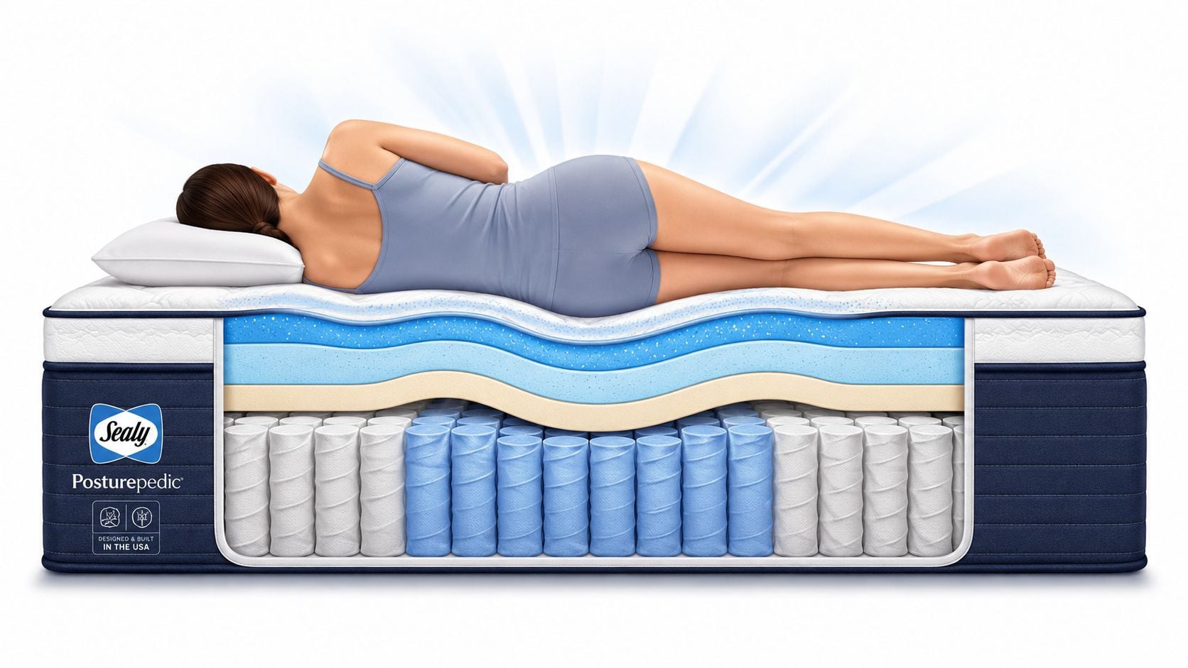 A cross-section diagram of a Sealy Posturepedic mattress showing coil layers supporting a woman side sleeping.