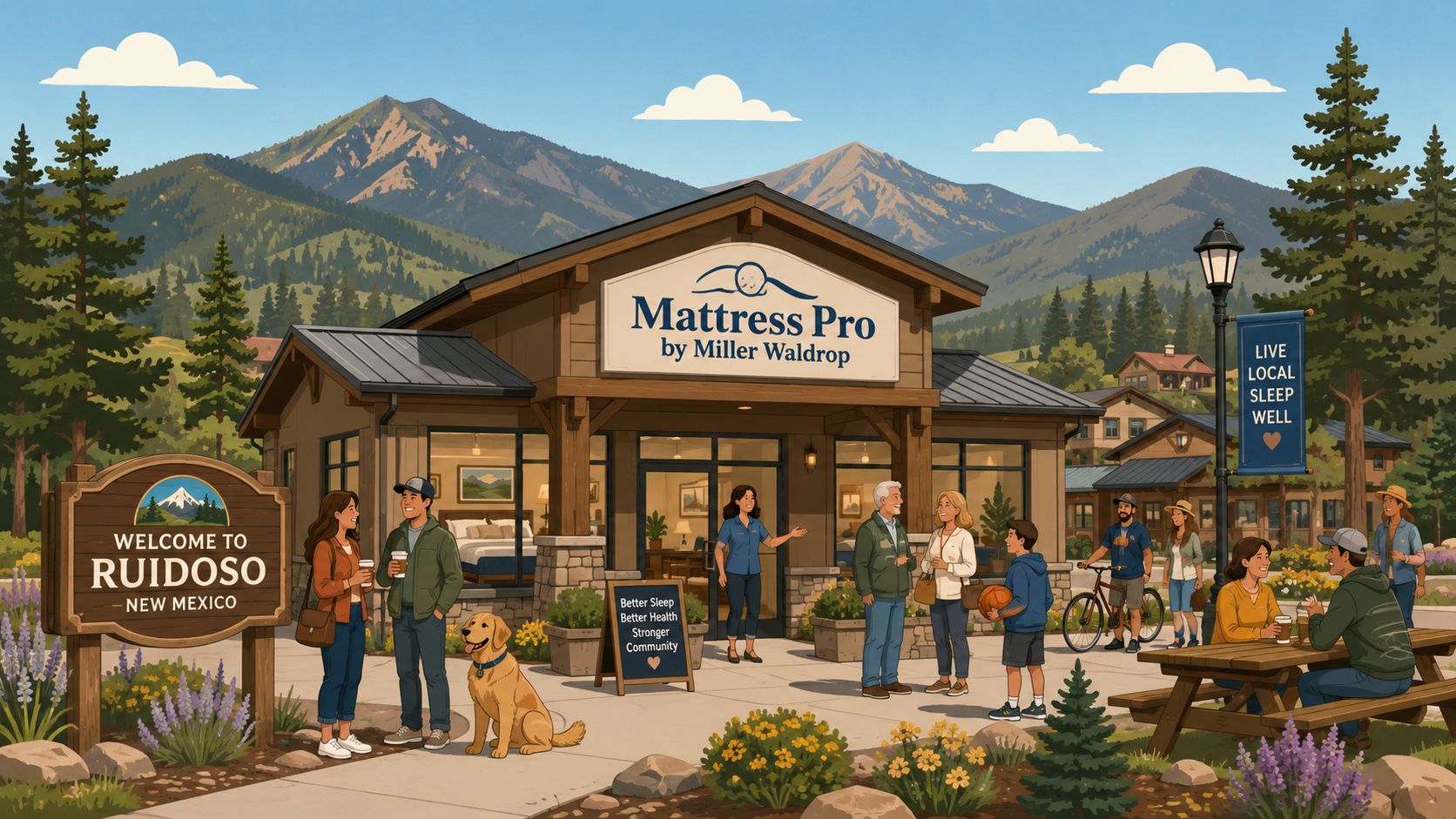 A welcoming community gathering outside a Mattress Pro store in beautiful mountainous Ruidoso, New Mexico.