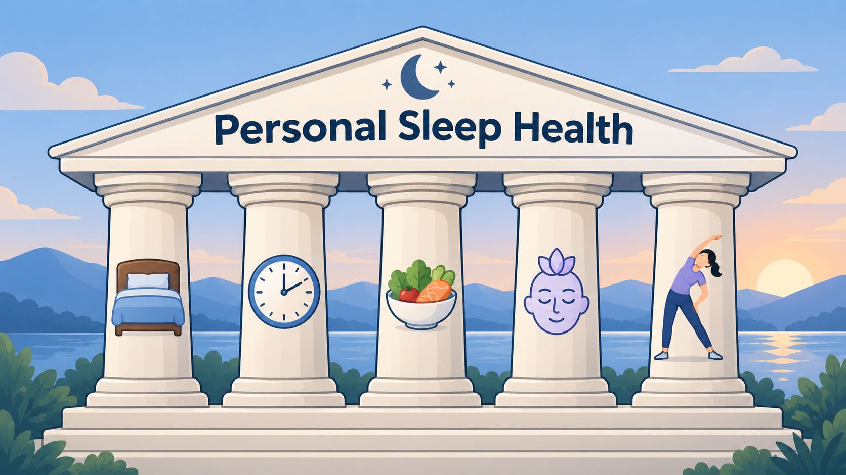 A graphic illustration of a Greek-style temple representing the five pillars of personal sleep health.
