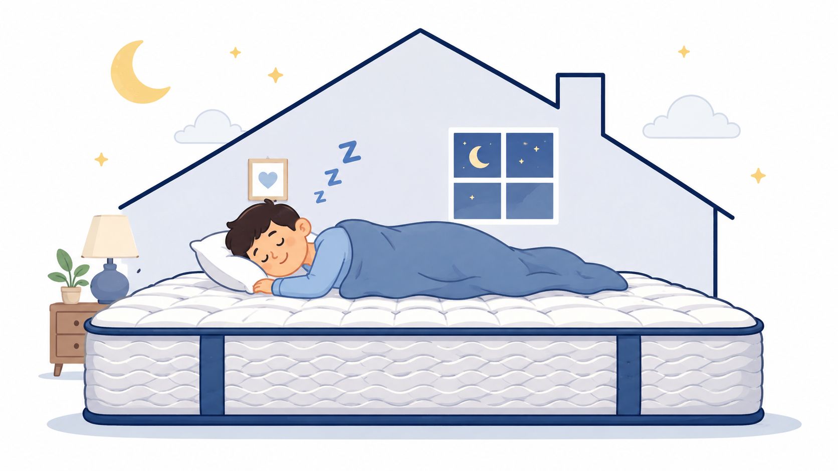 A cartoon illustration of a child sleeping peacefully on a comfortable mattress inside a bedroom at night.