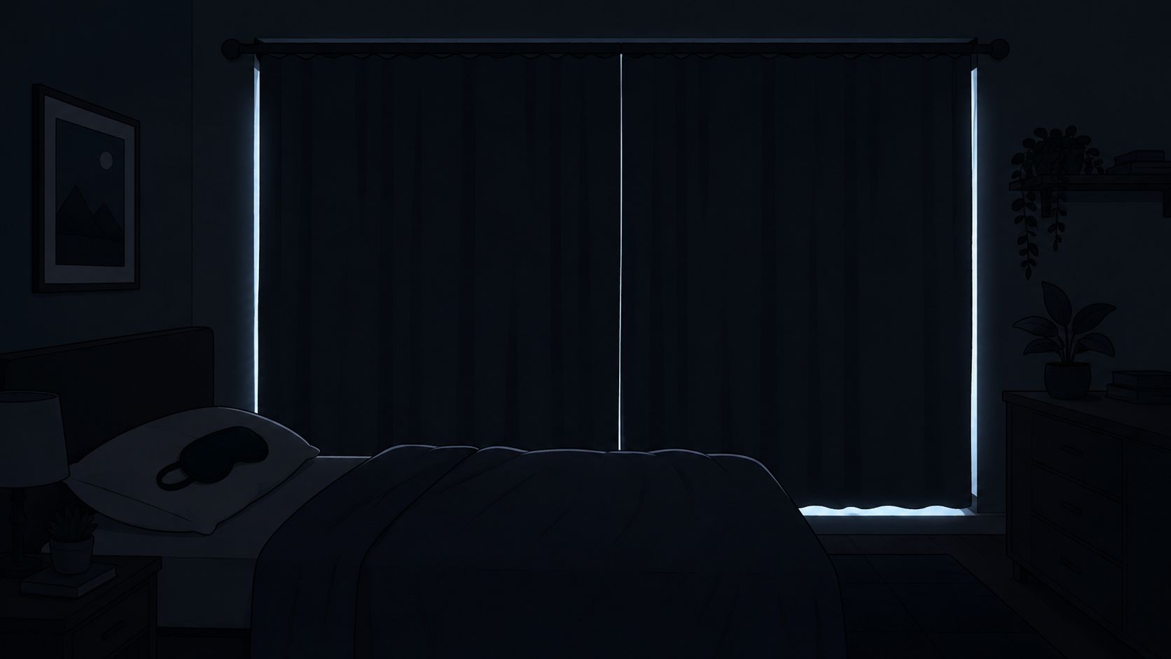 A dark bedroom at night with curtains closed and a sleep mask resting on the pillow.
