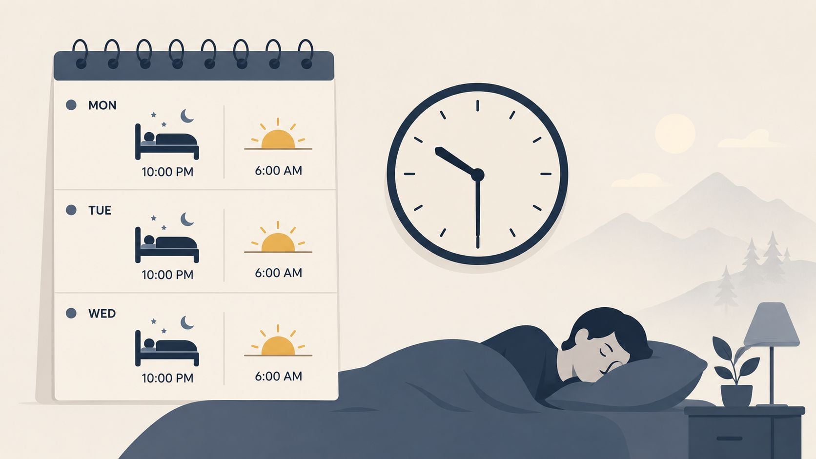 A calendar showing a consistent 10 PM to 6 AM sleep schedule with a person sleeping peacefully.