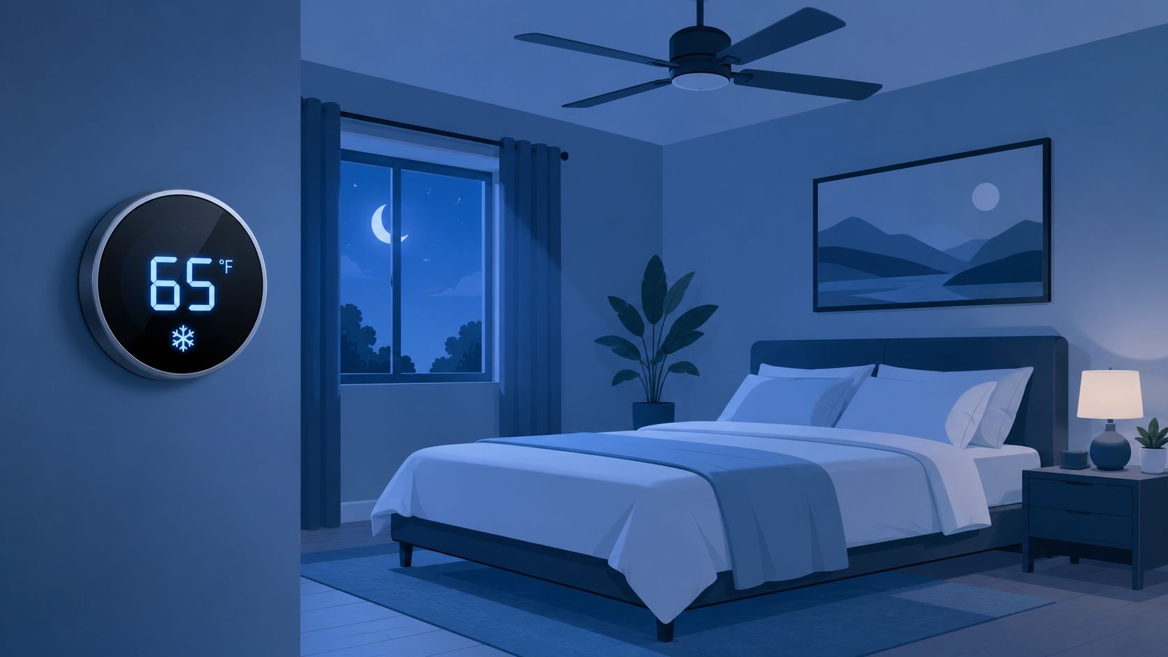 A modern bedroom with a smart thermostat showing 65 degrees at night for optimal sleep hygiene.