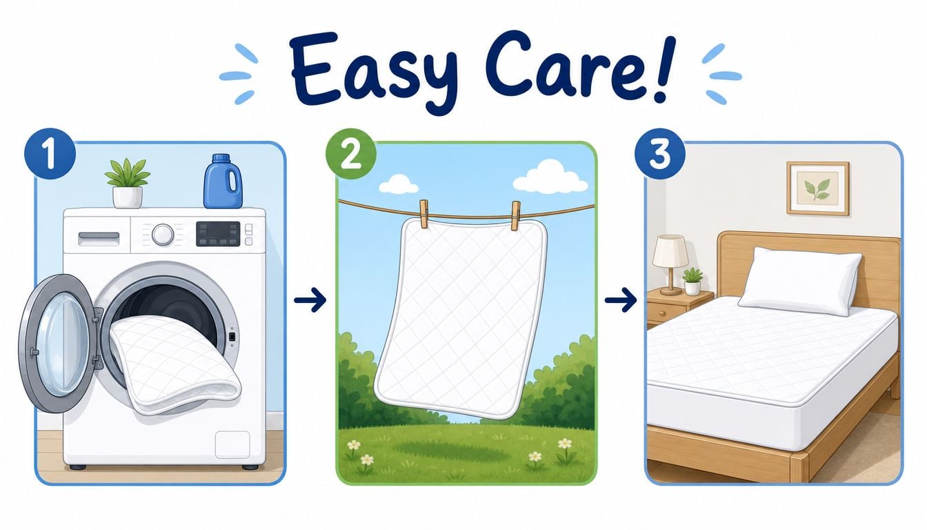A three-step infographic showing how to wash, air dry, and install a mattress protector on a bed.