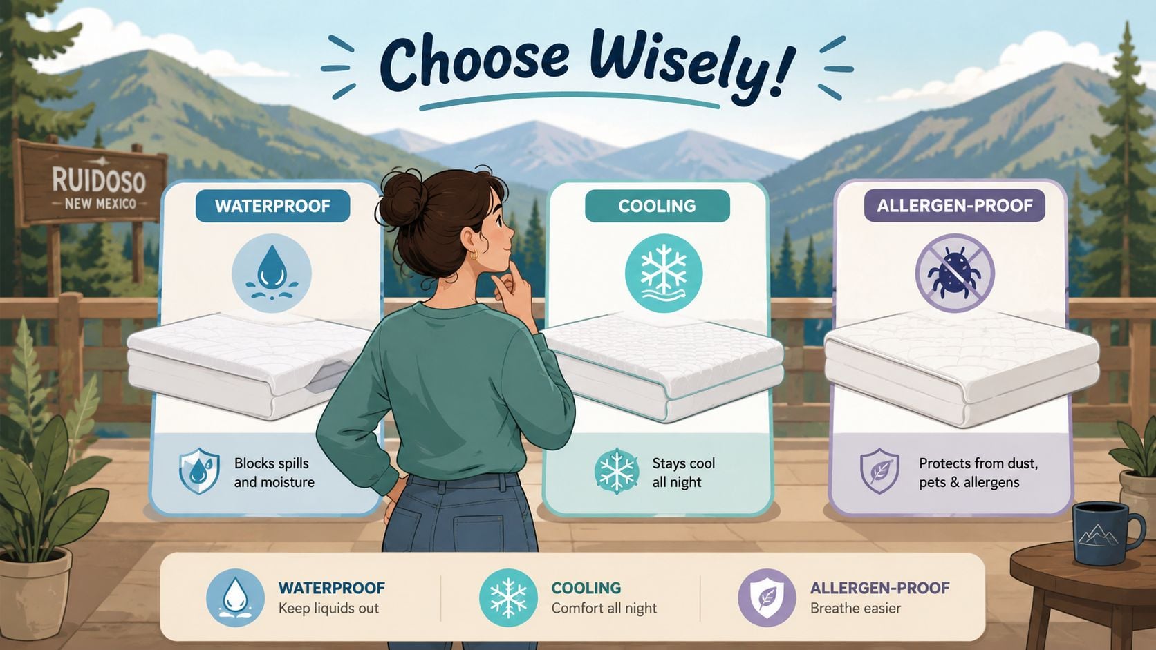 A woman stands before three mattress protector options in a mountain landscape, choosing between waterproof, cooling, or allergen-proof.