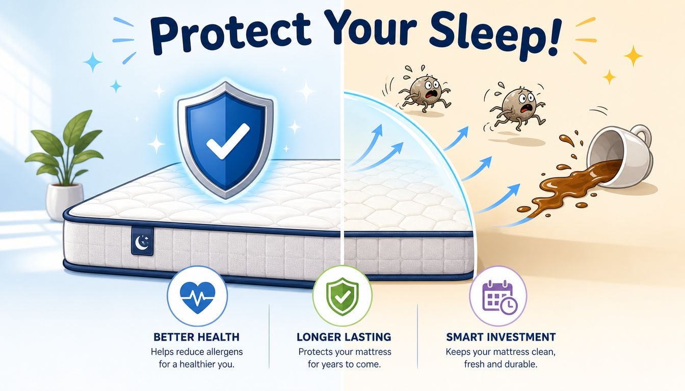 A mattress protector shield protecting a bed from allergens and spilled coffee to ensure health and durability.