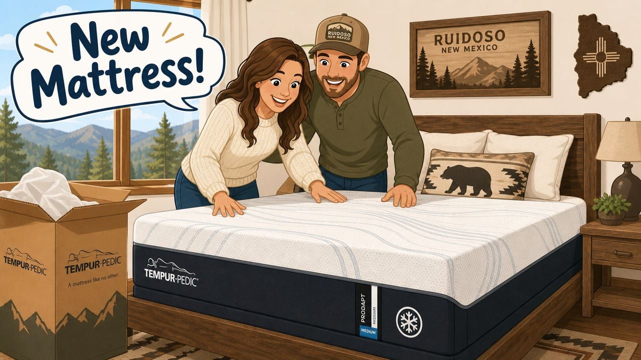 A happy couple looks excitedly at their new Tempur-Pedic mattress arriving in a shipping box.