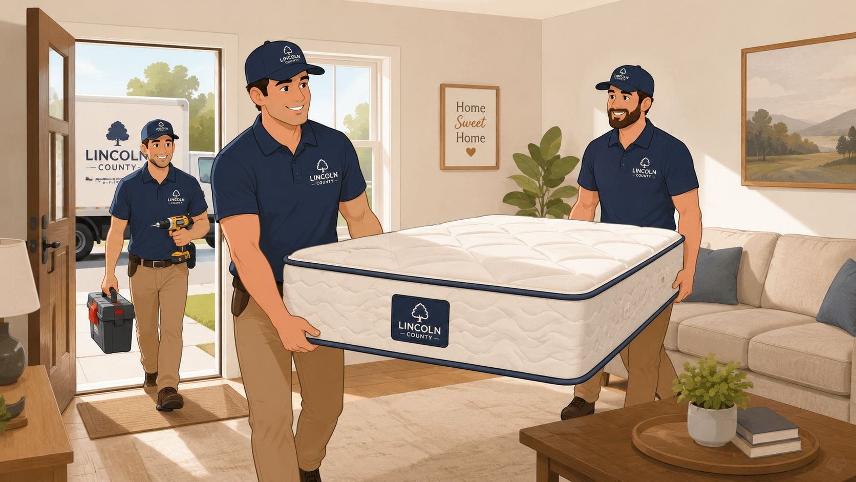 Three professional Lincoln County delivery personnel in uniform moving a mattress into a suburban living room.
