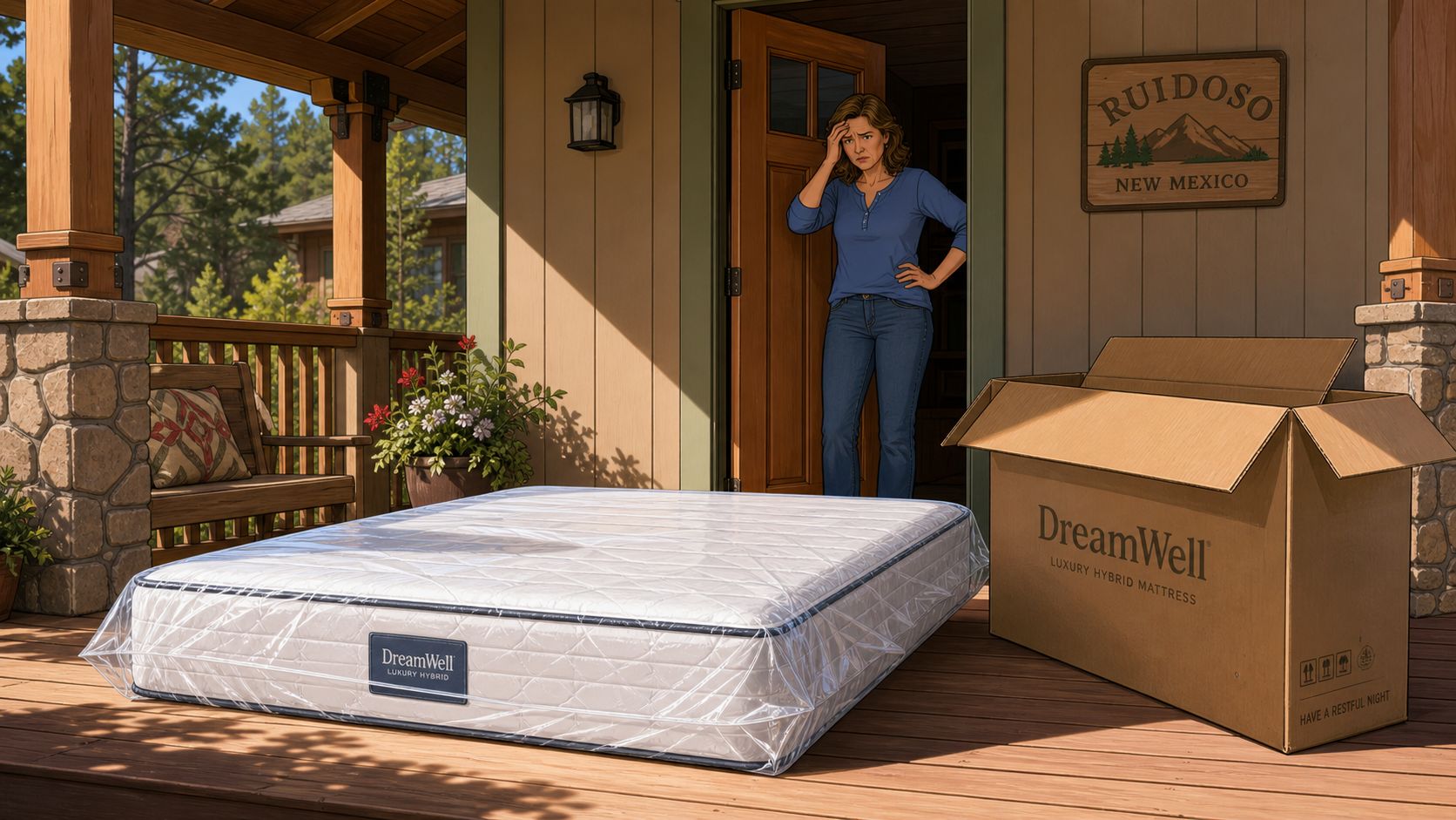 A confused woman stands on her porch next to a large DreamWell mattress delivered in a box.