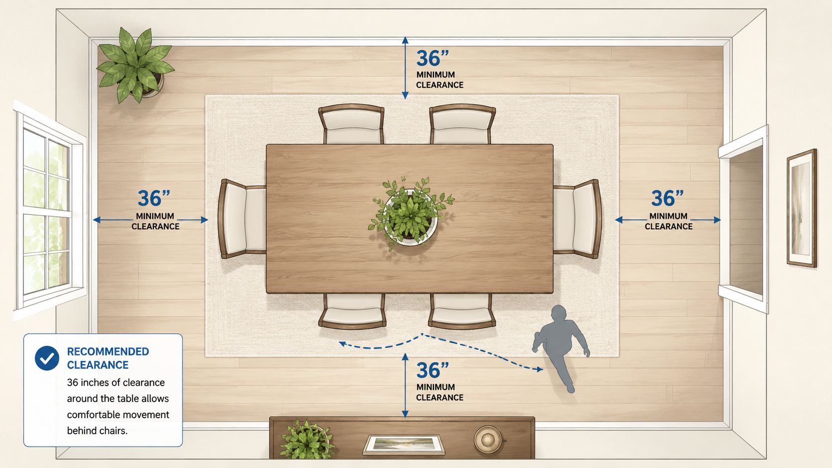 A top-down floor plan view showing recommended 36-inch clearance around a dining room table for comfortable movement.