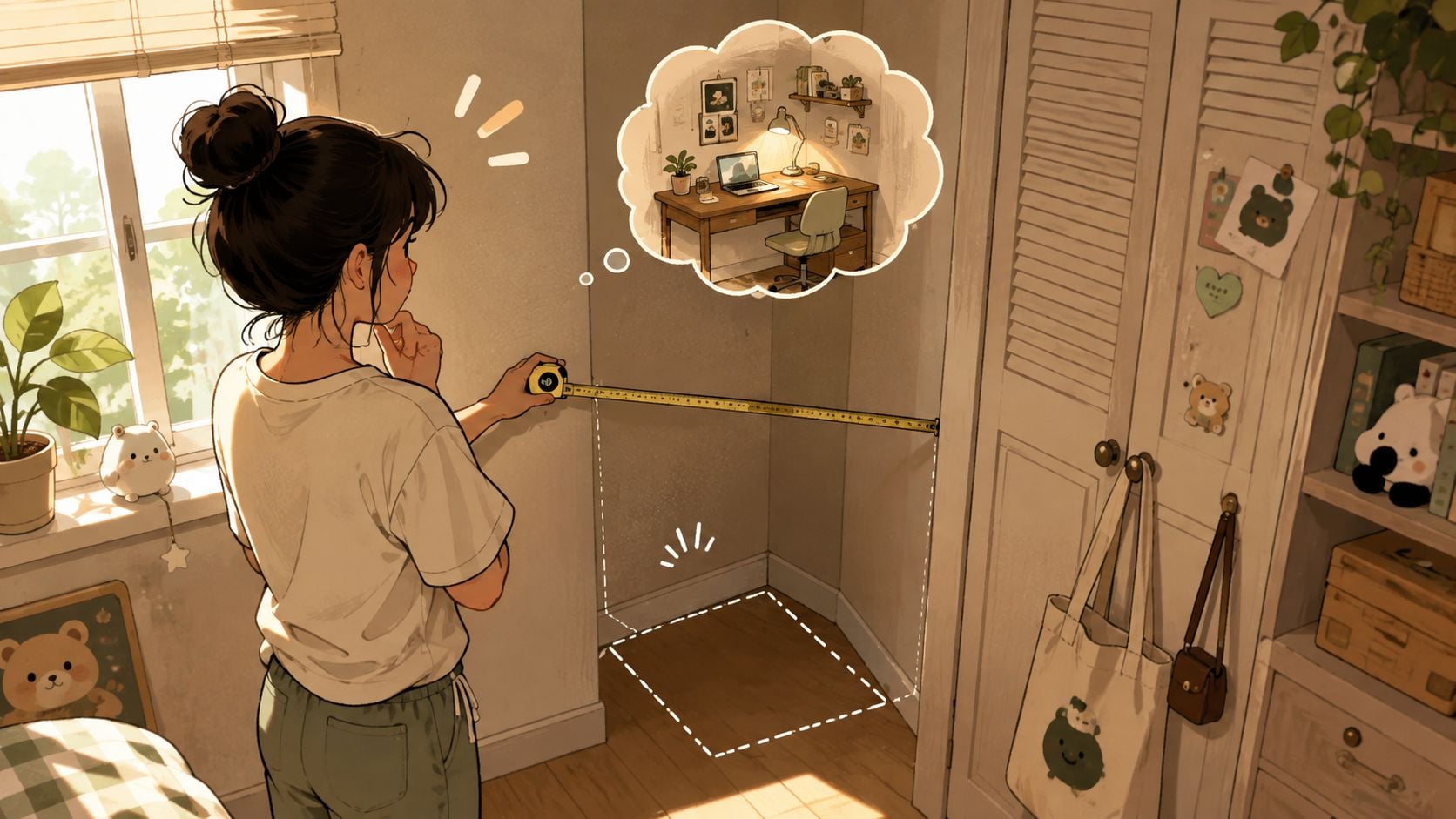 A young woman measures a corner of her room with a tape measure, imagining a desk workspace.