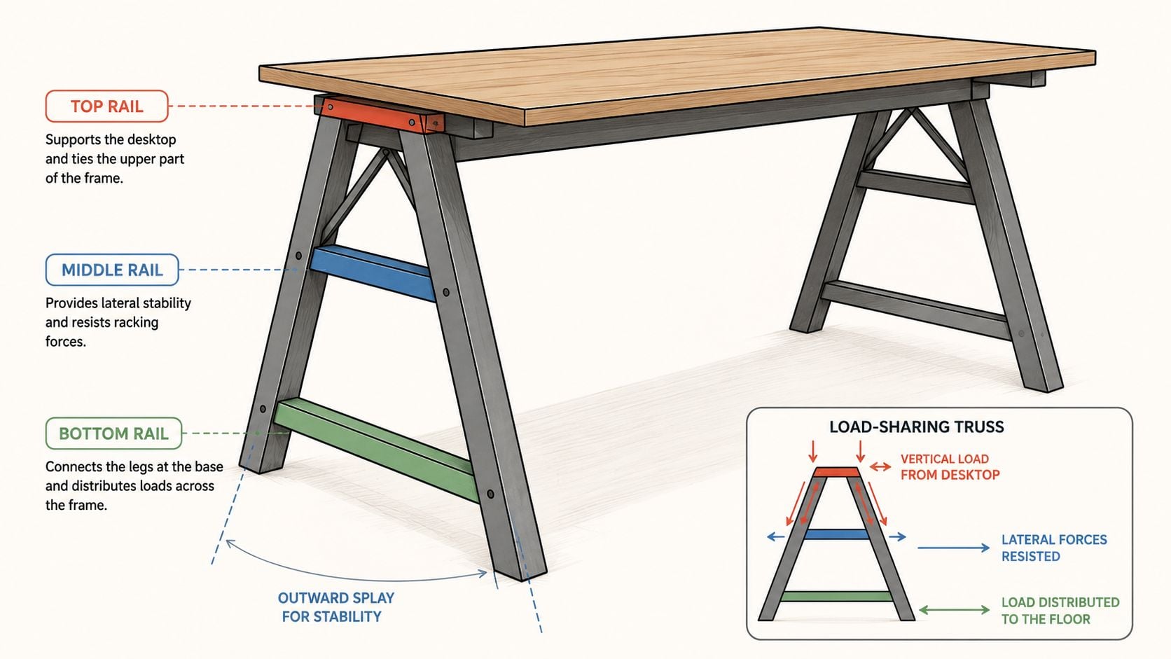 A diagram illustrating the structural components and load-sharing design of an A-frame office desk.