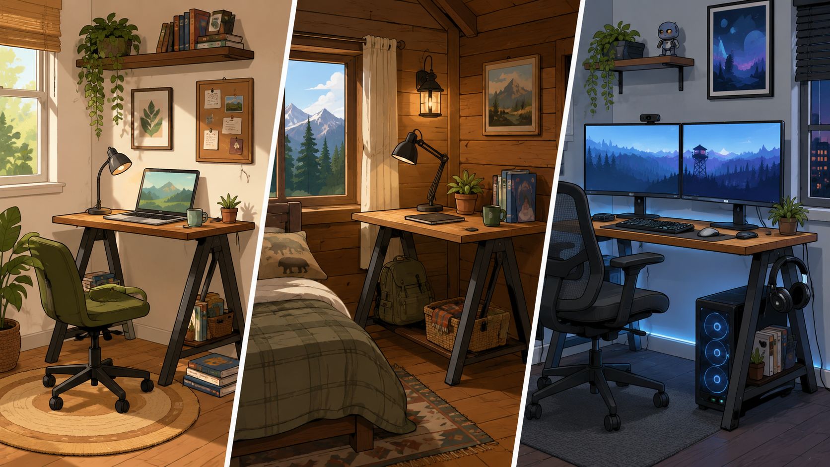 A split-screen illustration showing three different desk setups, ranging from a cozy study to a modern gaming station.