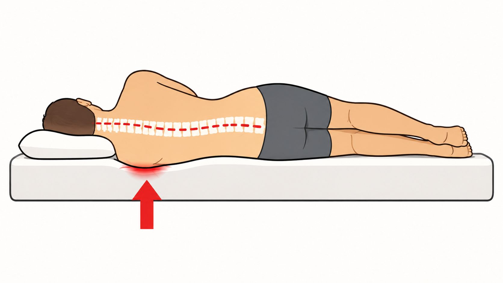 A person lying on their side on a mattress with an arrow pointing to shoulder pressure.