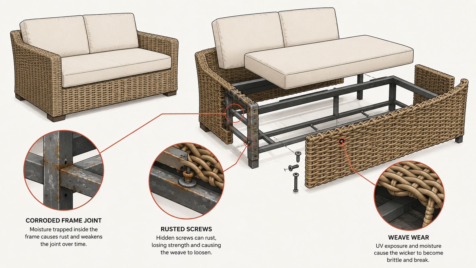 A detailed diagram illustrating common maintenance issues and structural failures of an outdoor all weather wicker sofa.