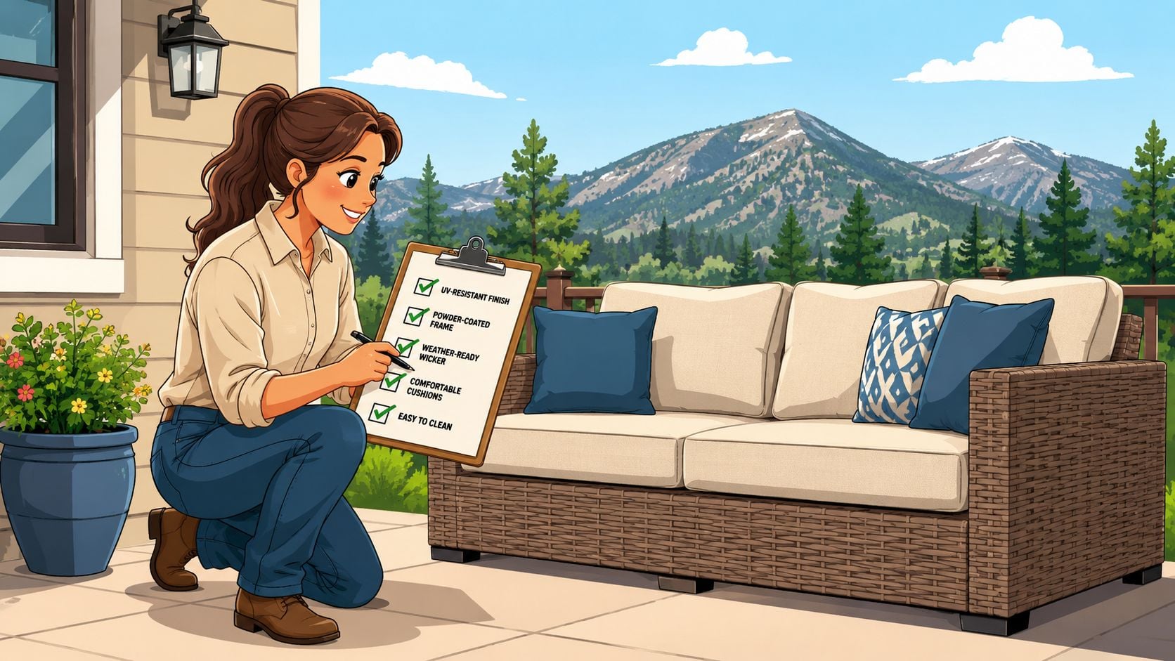 A woman kneeling on a patio checking a list of features for a new outdoor wicker sofa.