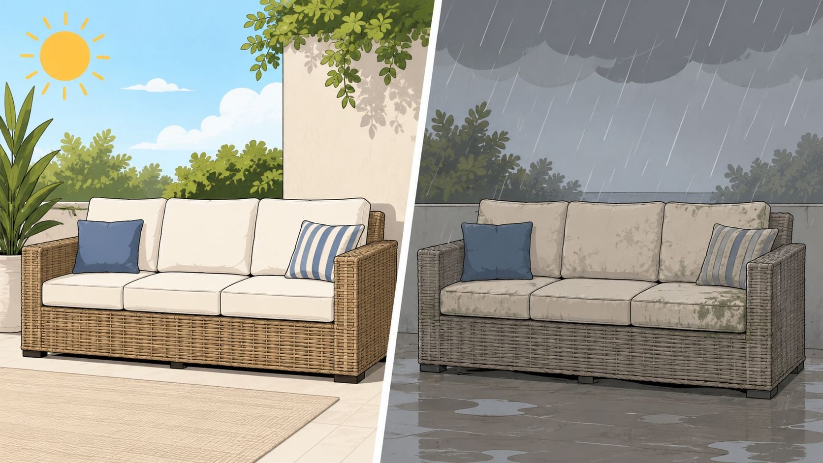 A split image showing a wicker sofa on a sunny day versus a weathered one during rain.