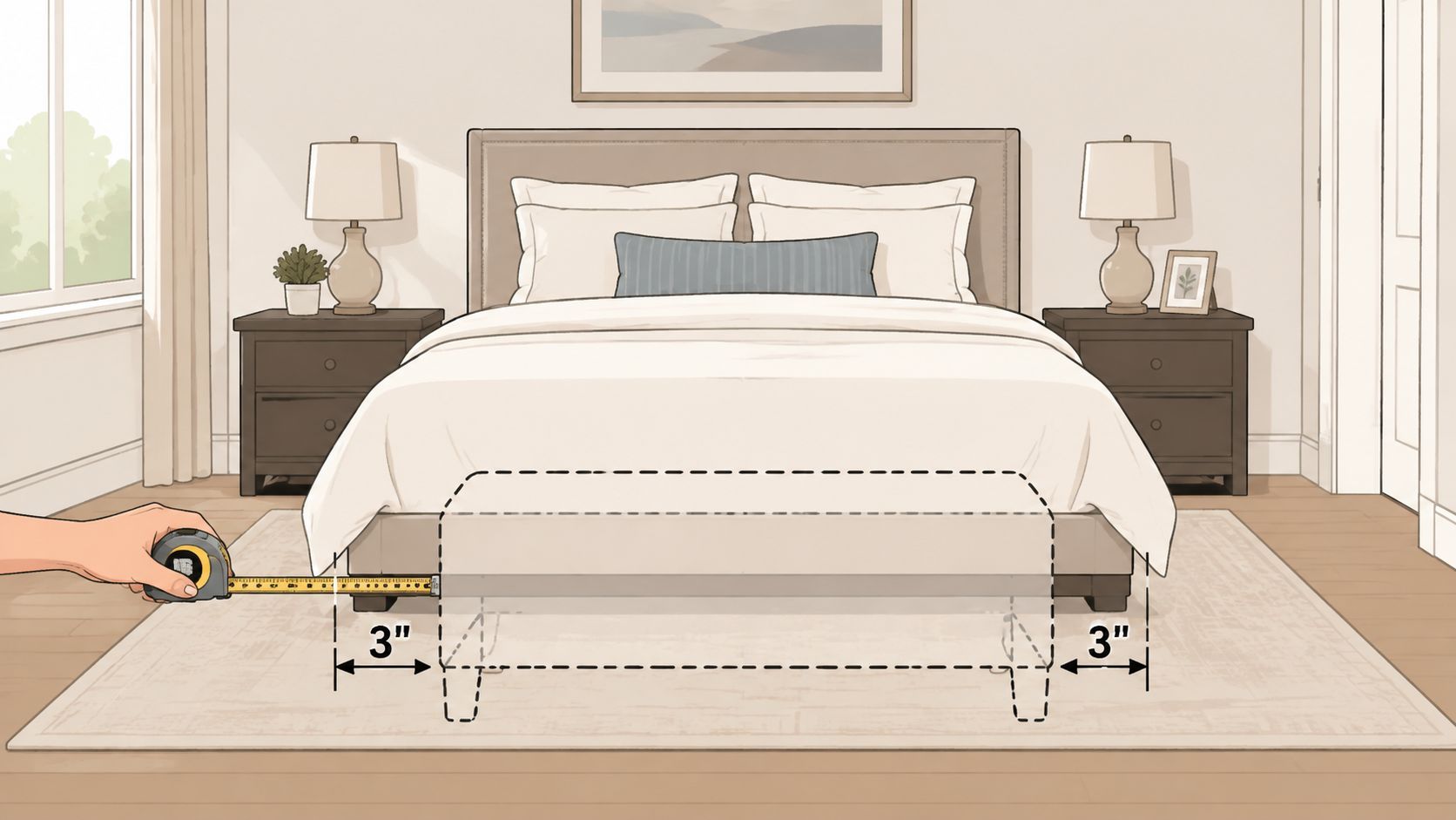 A tape measure indicates a three inch clearance between the bed frame and a bedroom bench.