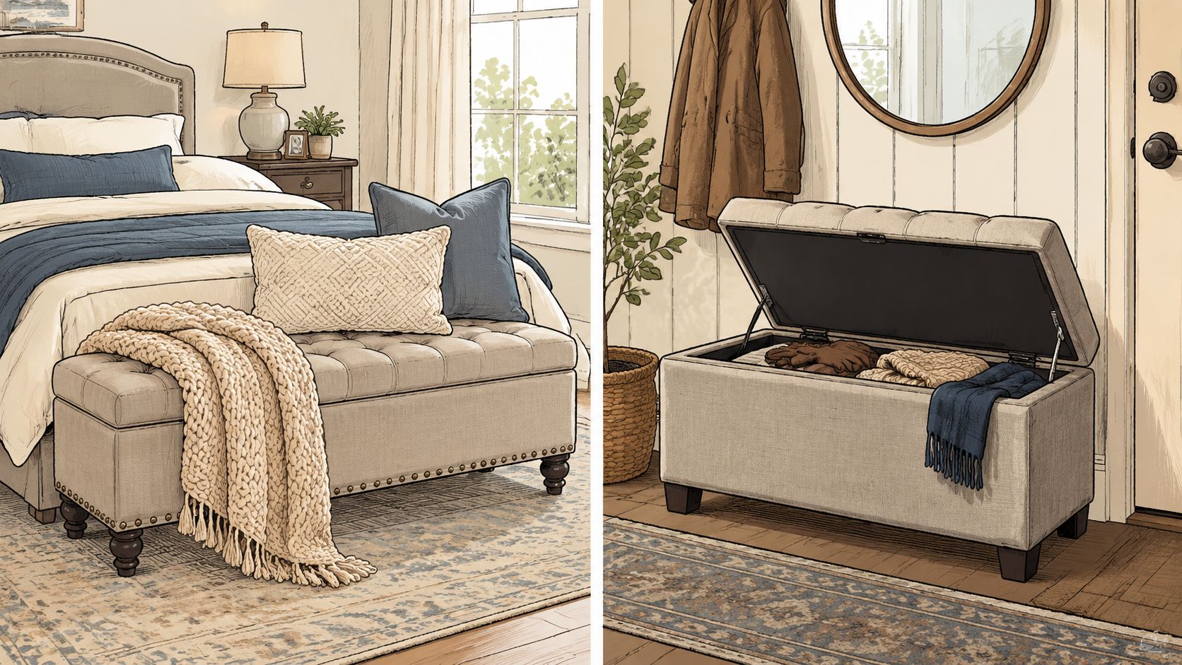 A split view showing an upholstered storage bench in a bedroom and an entryway setting with items inside.