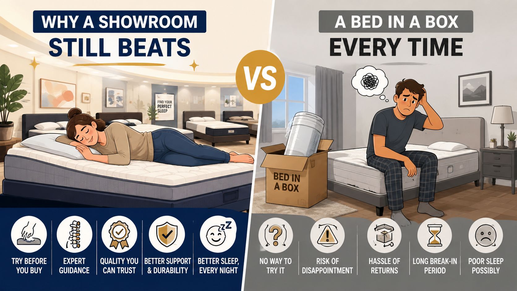A comparison graphic showing a happy woman testing a showroom mattress versus a frustrated man with a boxed mattress.
