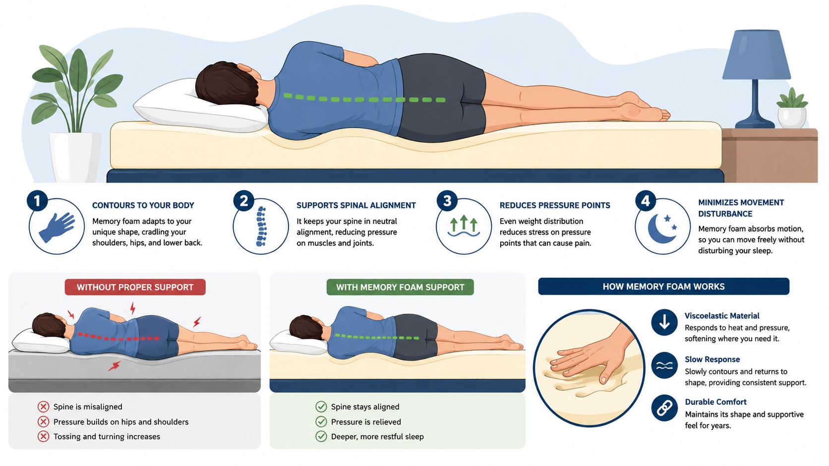An infographic illustrating how a memory foam mattress improves spinal alignment and reduces pressure points for sleep.