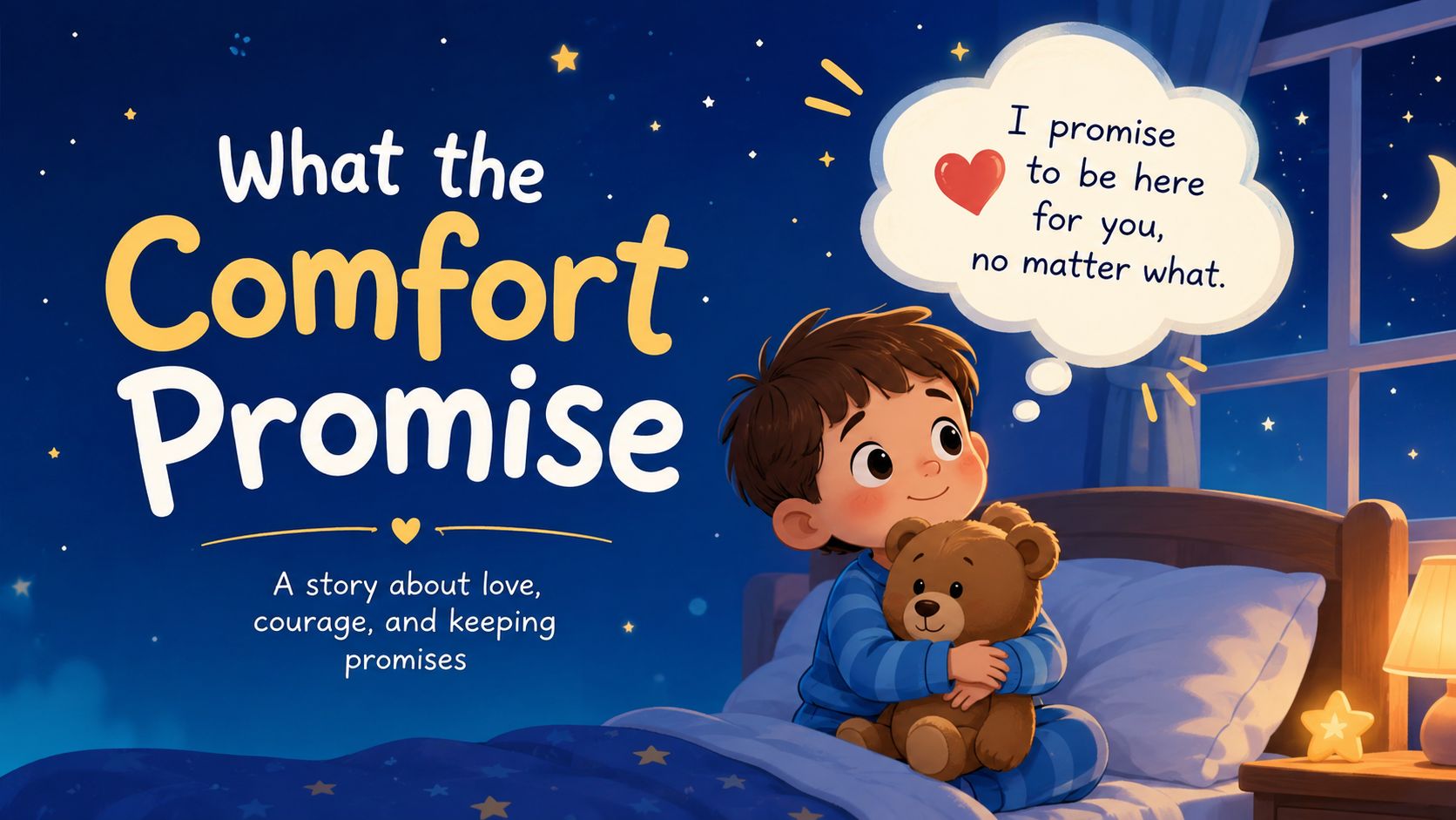 A young boy in pajamas hugging a teddy bear while sitting in bed at night, smiling.