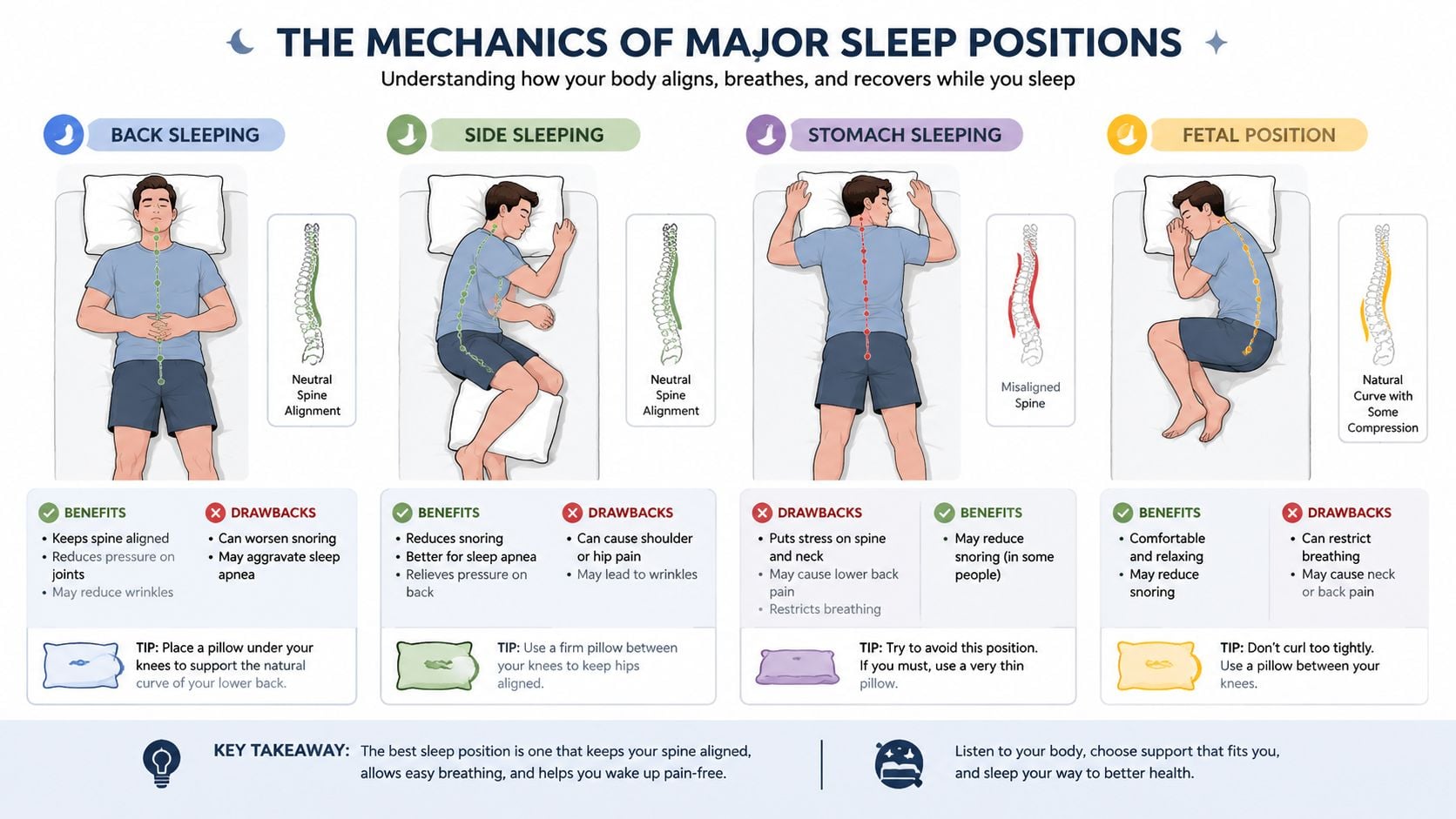 An infographic detailing the mechanics, benefits, and drawbacks of four major sleep positions for spinal alignment.