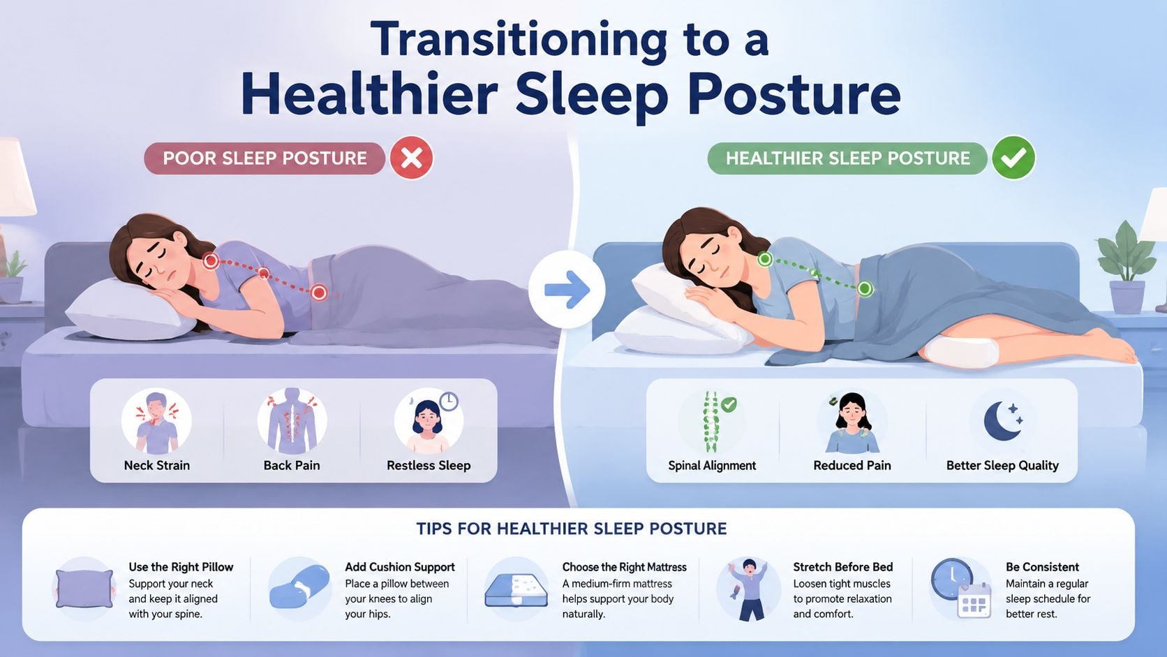 An infographic illustrating the difference between poor and healthier sleep posture with helpful tips for better rest.