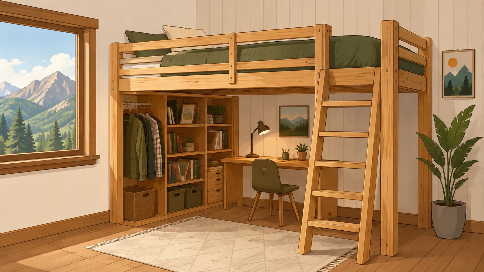 A cozy bedroom featuring a wooden loft bed with an integrated desk, wardrobe, and shelves.