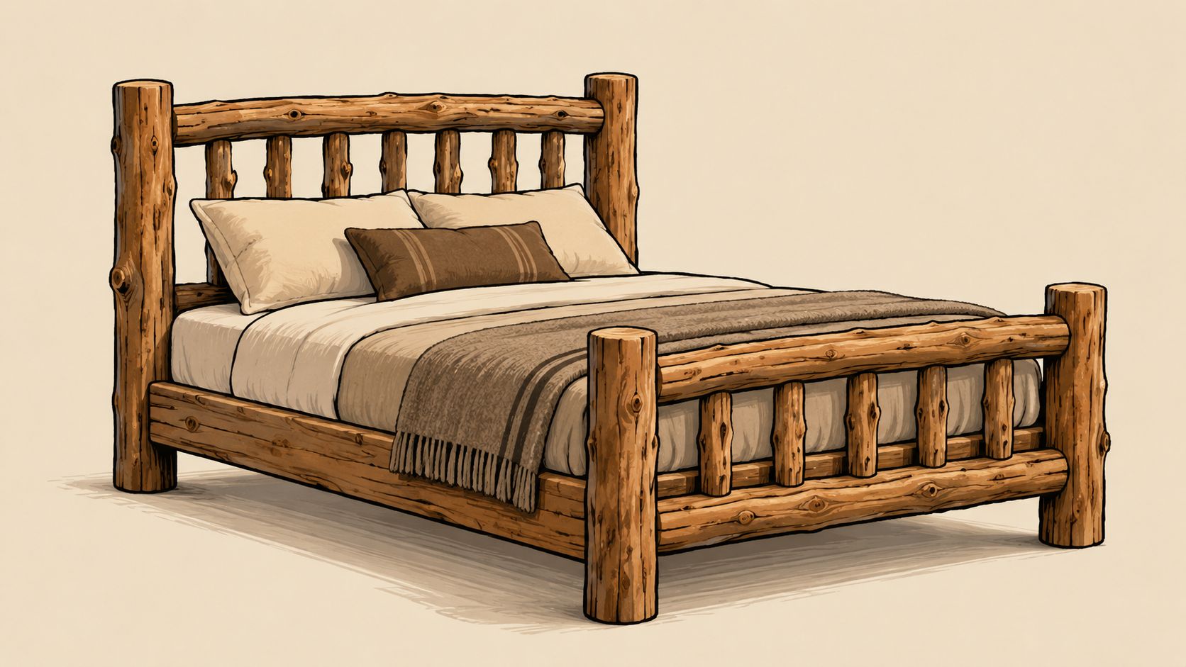 A rustic wooden bed frame with a natural log design, complete with cozy bedding and pillows.
