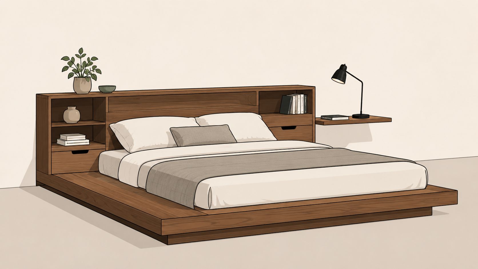 A modern platform bed with an integrated wooden headboard featuring shelving, drawers, and a floating side table.