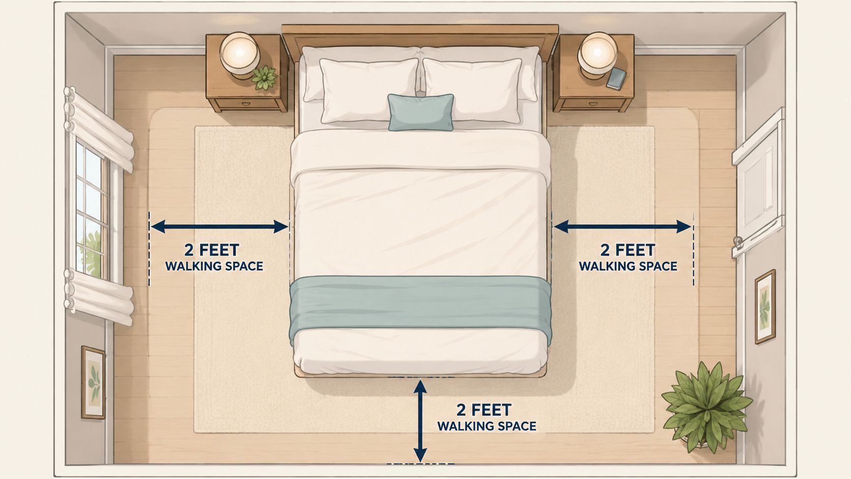 Top-down view of a bedroom layout demonstrating two feet of walking space around a double bed.