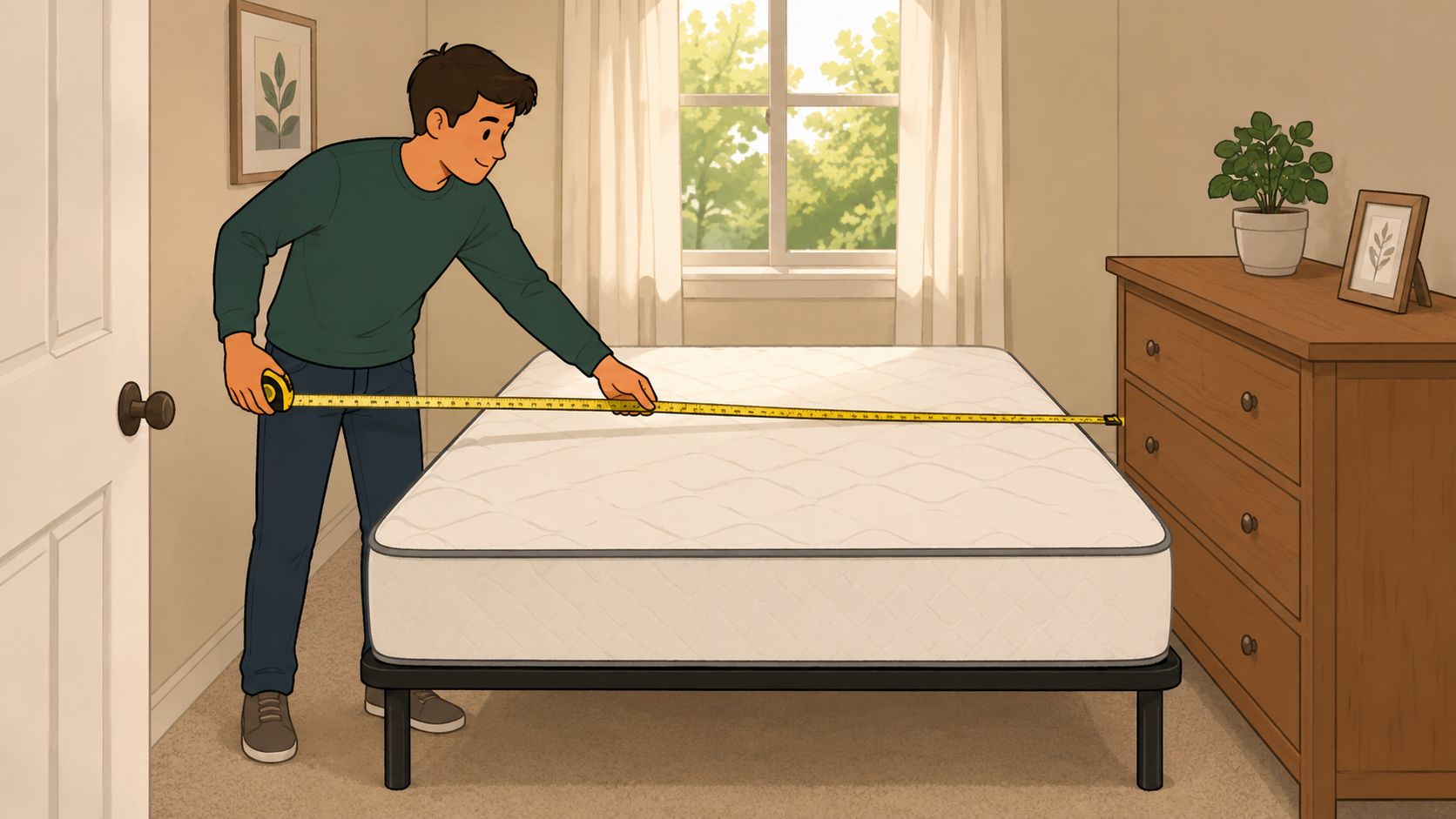 A young man holding a tape measure while measuring the length of a full size mattress.