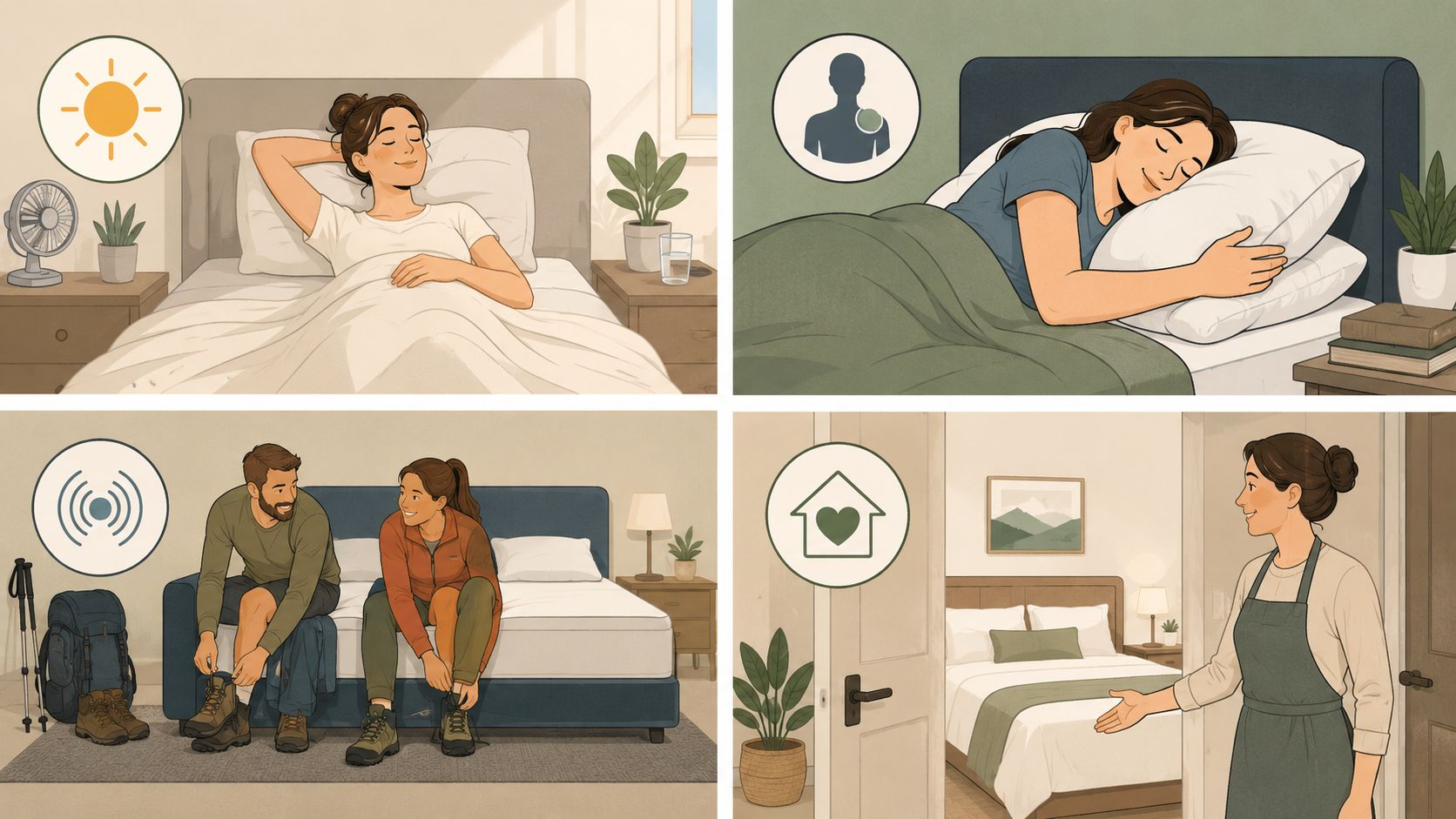 A collage showing four scenarios related to home comfort, sleeping habits, outdoor preparation, and hospitality.