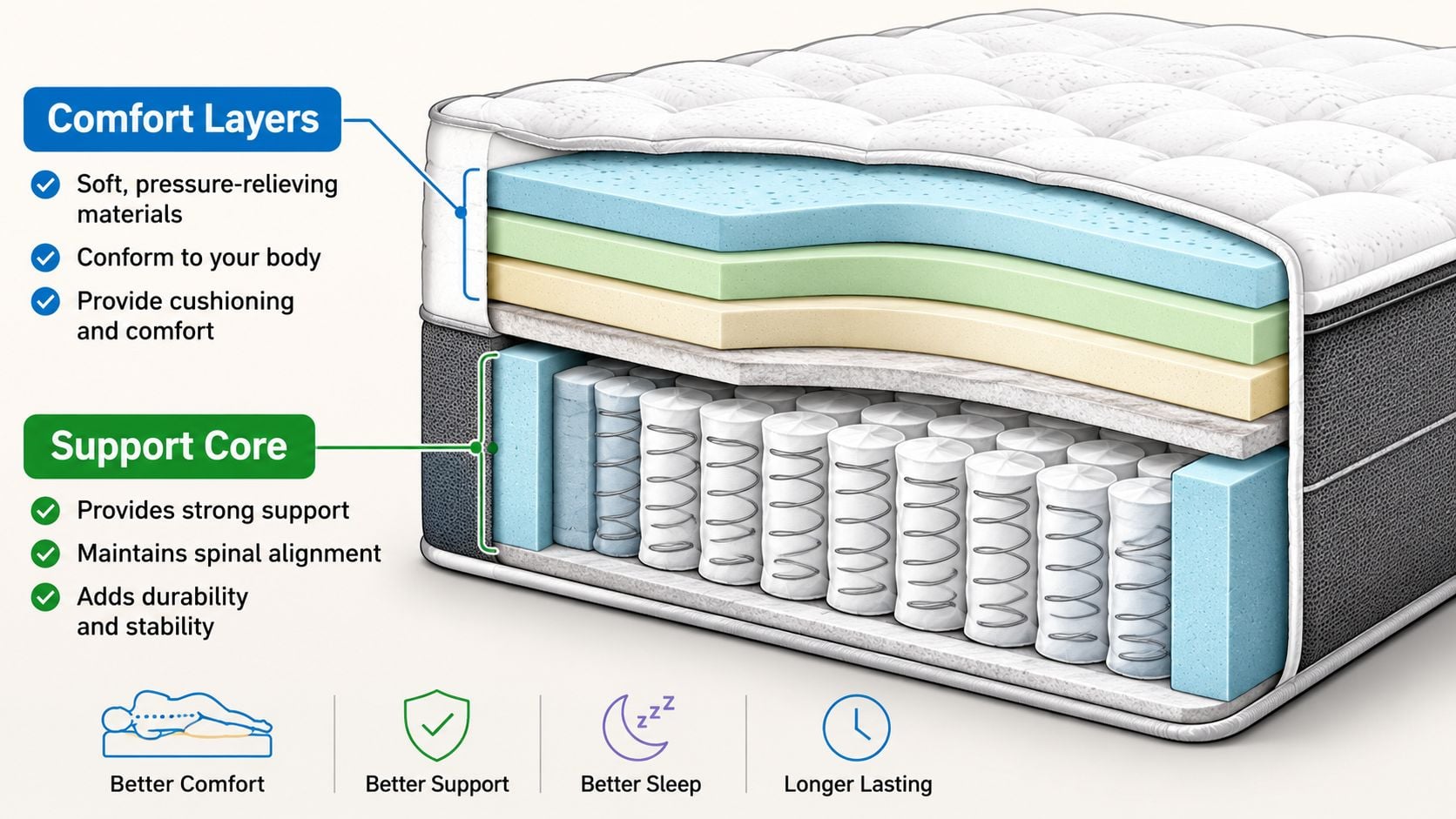 A cutaway view of a layered mattress showing foam comfort layers and internal pocket coil support springs.