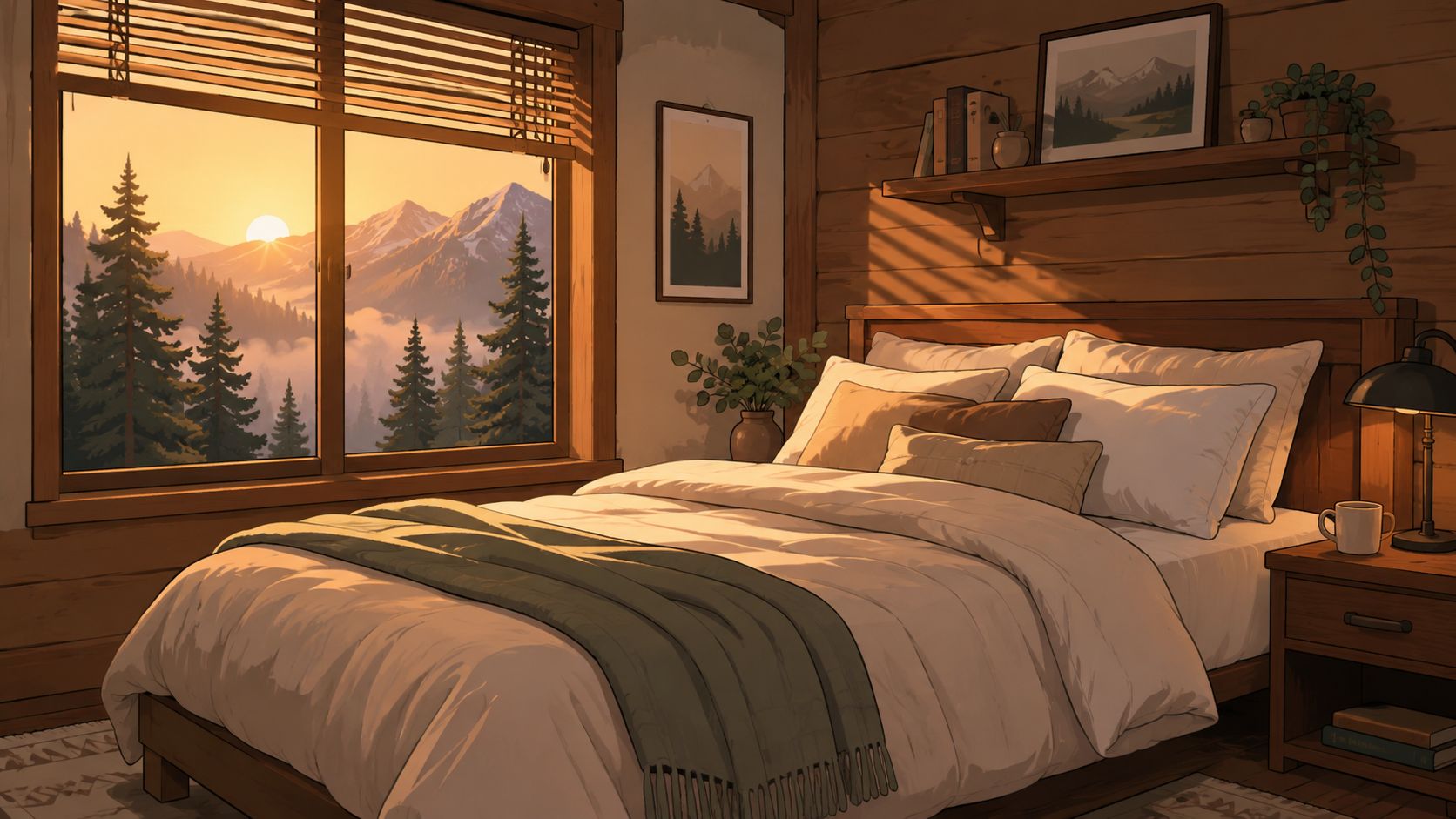 A cozy rustic bedroom with a large window overlooking a misty mountain forest at sunrise.