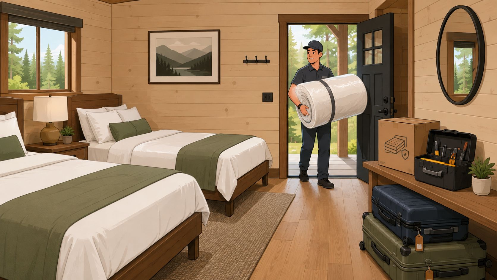 A delivery worker carrying a rolled mattress into a rustic wooden cabin room with two beds.